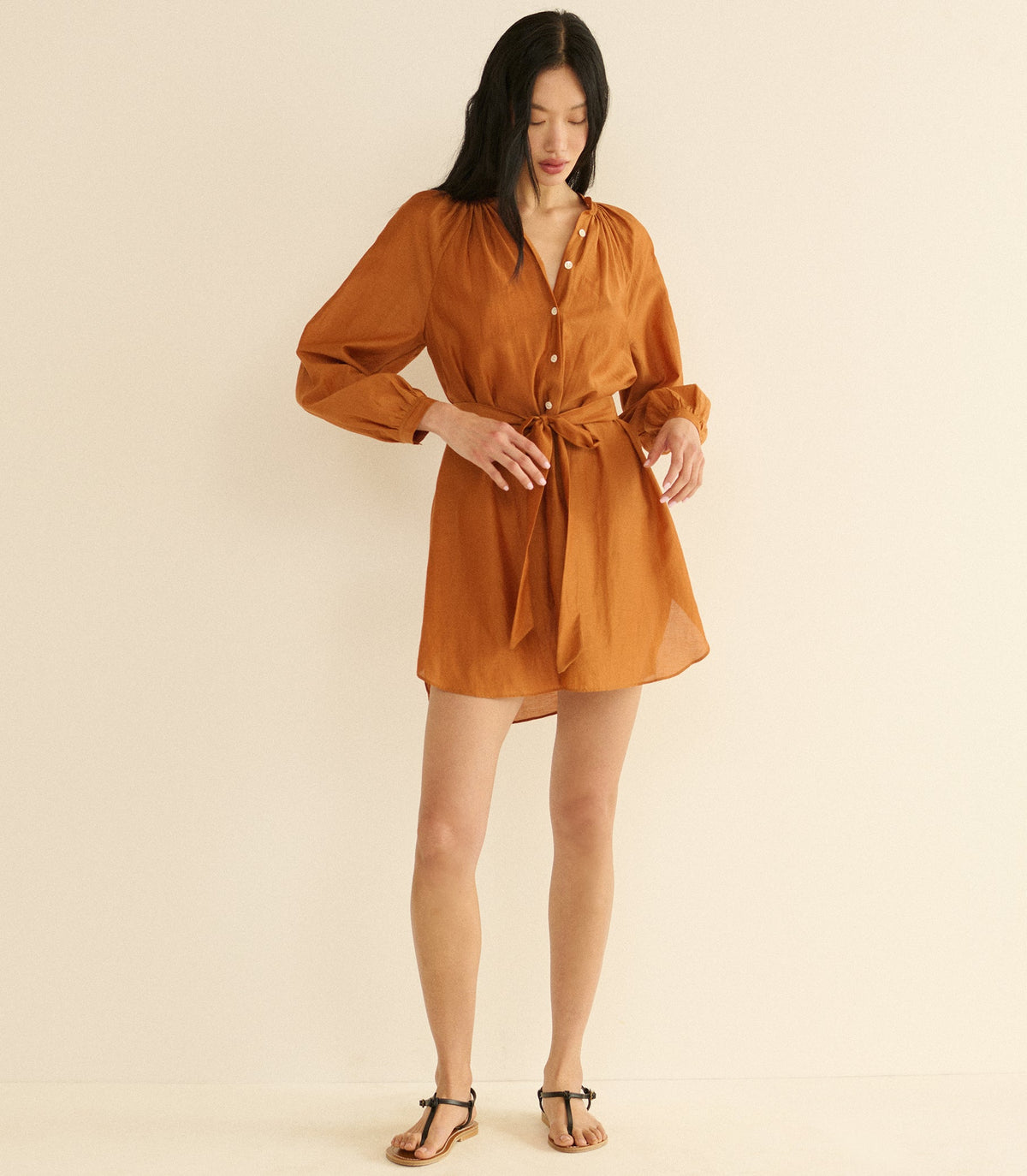 Woman wearing a brown dress on a beige background